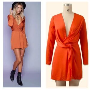 NWT  NLW Orange Satin Deep Plunge Wrap Dress Medium